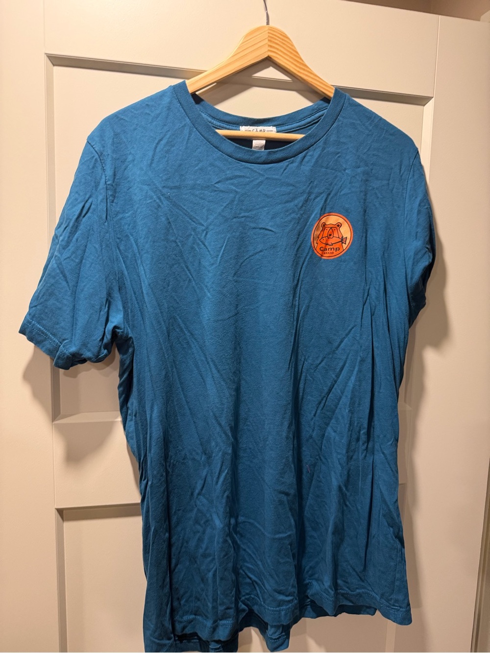 Men’s Blue Short-Sleeve Crewneck T-Shirt with Orange Chest Patch